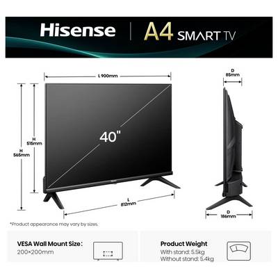 'Hisense A4 Smart TV' meet een diagonaal van 40 inch, 900mm breed, 565mm hoog. VESA wandsteun formaat: 200x200mm. Gewicht: 5,5 kg met standaard.