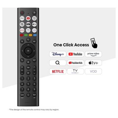 Een zwarte afstandsbediening met knoppen die zijn gelabeld voor streamingdiensten zoals 'Disney+', 'YouTube', 'Prime Video' en meer voor snelle toegang.