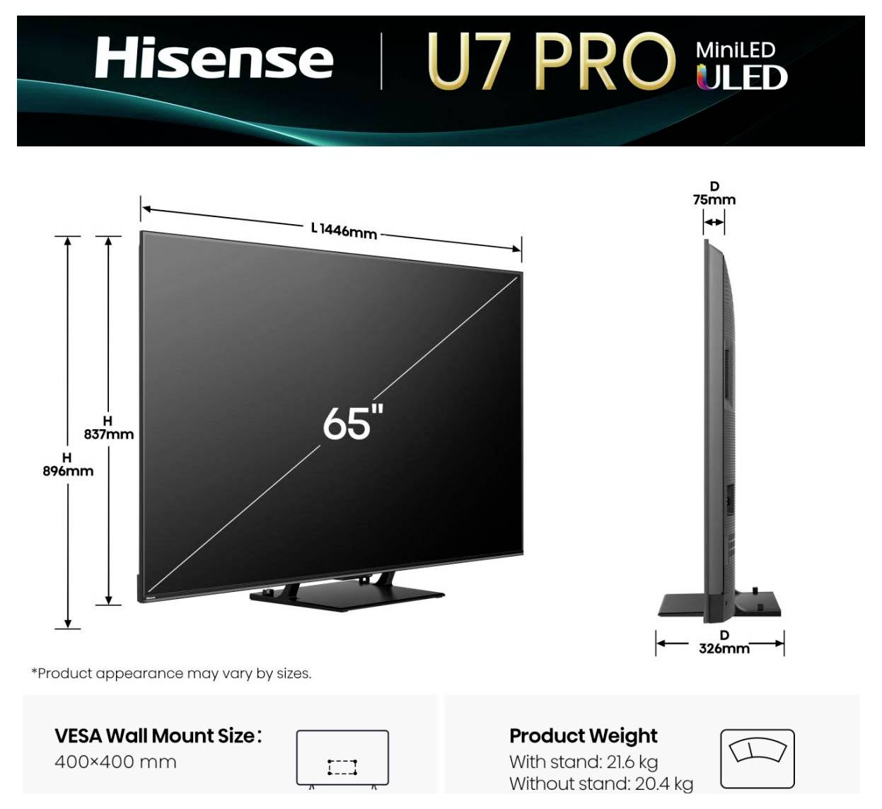 Hisense U7 PRO MiniLED tv met een scherm van 65 inch. Afmetingen: 1446 mm breedte, 896 mm hoogte, 326 mm diepte inclusief standaard. Gewicht: 21,6 kg met standaard.