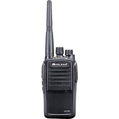 Een zwarte Midland G15 Pro walkietalkie met een lange antenne, twee bedieningsknoppen en een speakerrooster aan de voorkant.