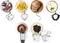 Een reeks van zes keukenmixer-accessoires, elk gekoppeld aan een ander gerecht: cake, fruitsalade, brood, cheesecake, soep en dessert.