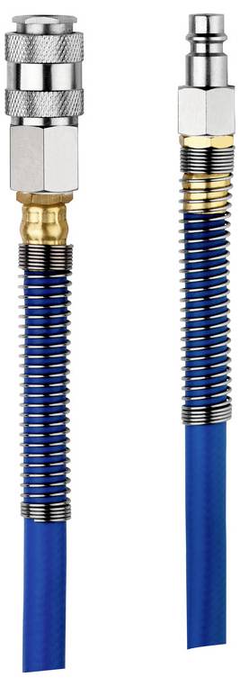 Twee flexibele blauwe slangen met metalen aansluitingen, waarbij verschillende eindaansluitingen worden getoond voor mechanische of industriële toepassingen.