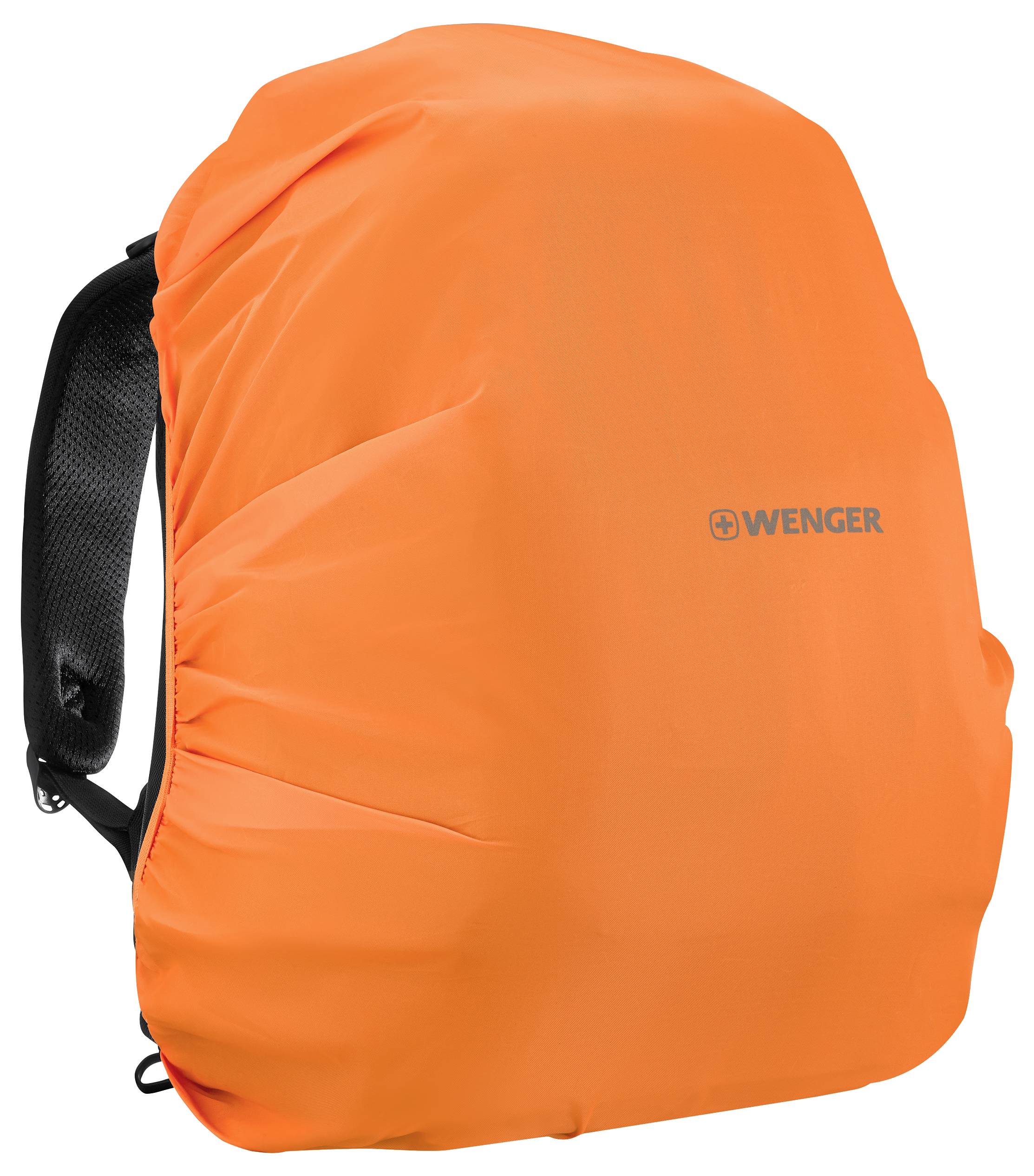 Een oranje rugzak met een zwarte schouderband, voorzien van het 'Wenger' logo op de voorkant.