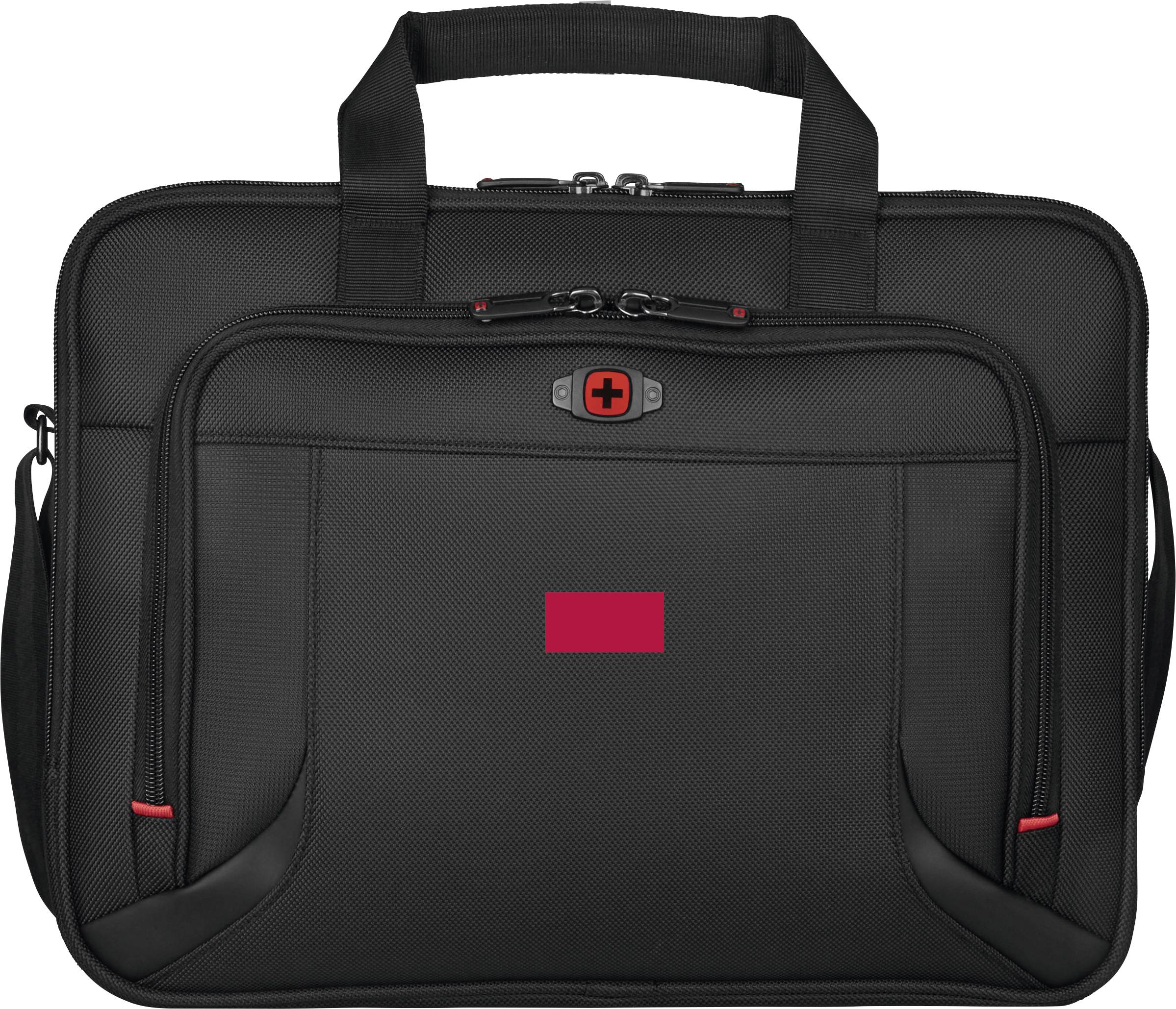 Een zwarte laptoptas met versterkte handgrepen en rode accenten, voorzien van meerdere compartimenten voor georganiseerde opbergruimte.