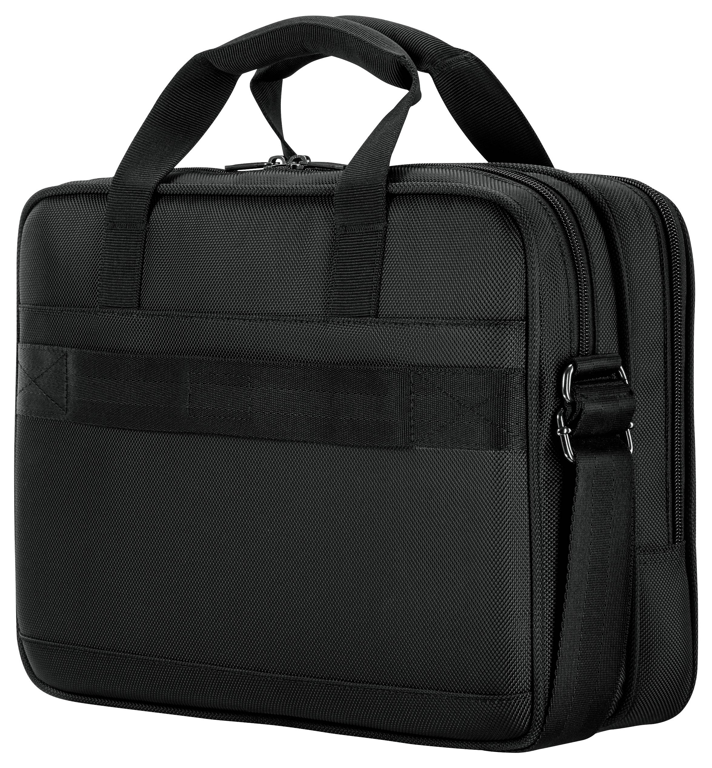 Een zwarte laptoptas met twee handgrepen, een schouderband en een ritssluiting. De tas oogt stevig en is ontworpen voor draagbaarheid.