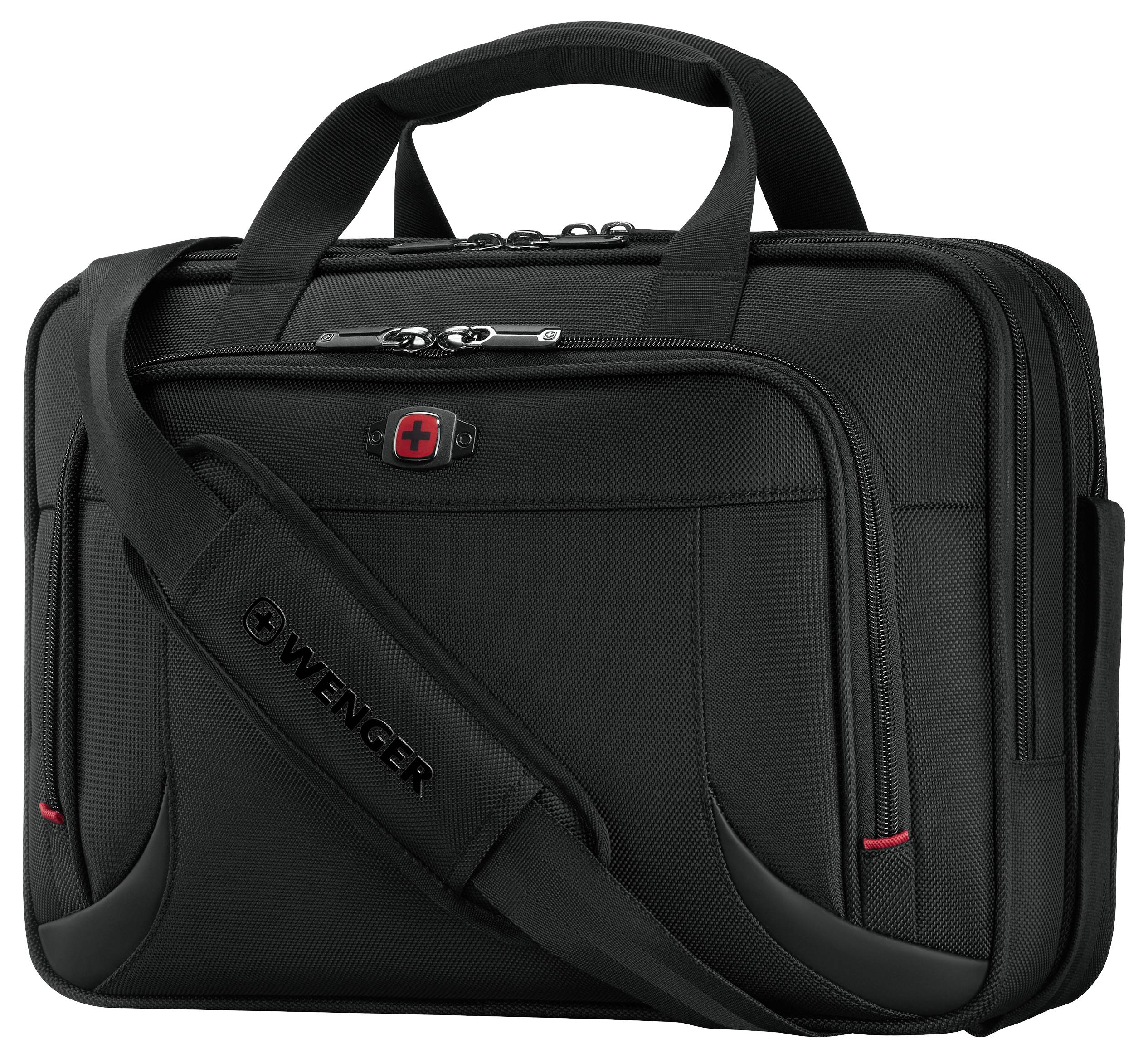 Een zwarte Wenger laptoptas met dubbele handvatten en een schouderband, met een rood en zwart logo op de voorste zak.