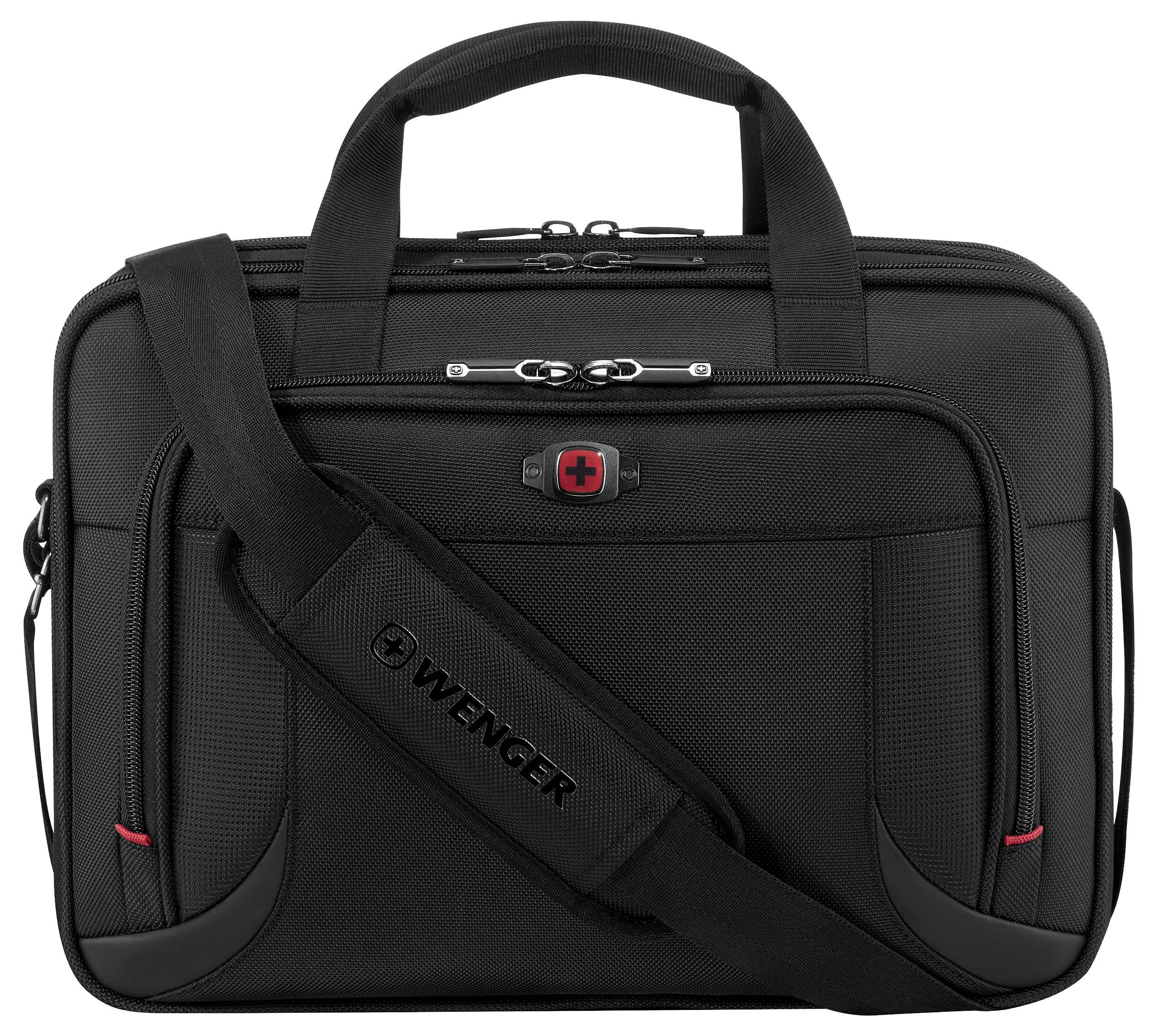 Een zwarte laptoptas met een handgreep bovenop en een schouderband. De tas heeft een rood kruis logo op de voorste zak en 'Wenger' op de schouderband.