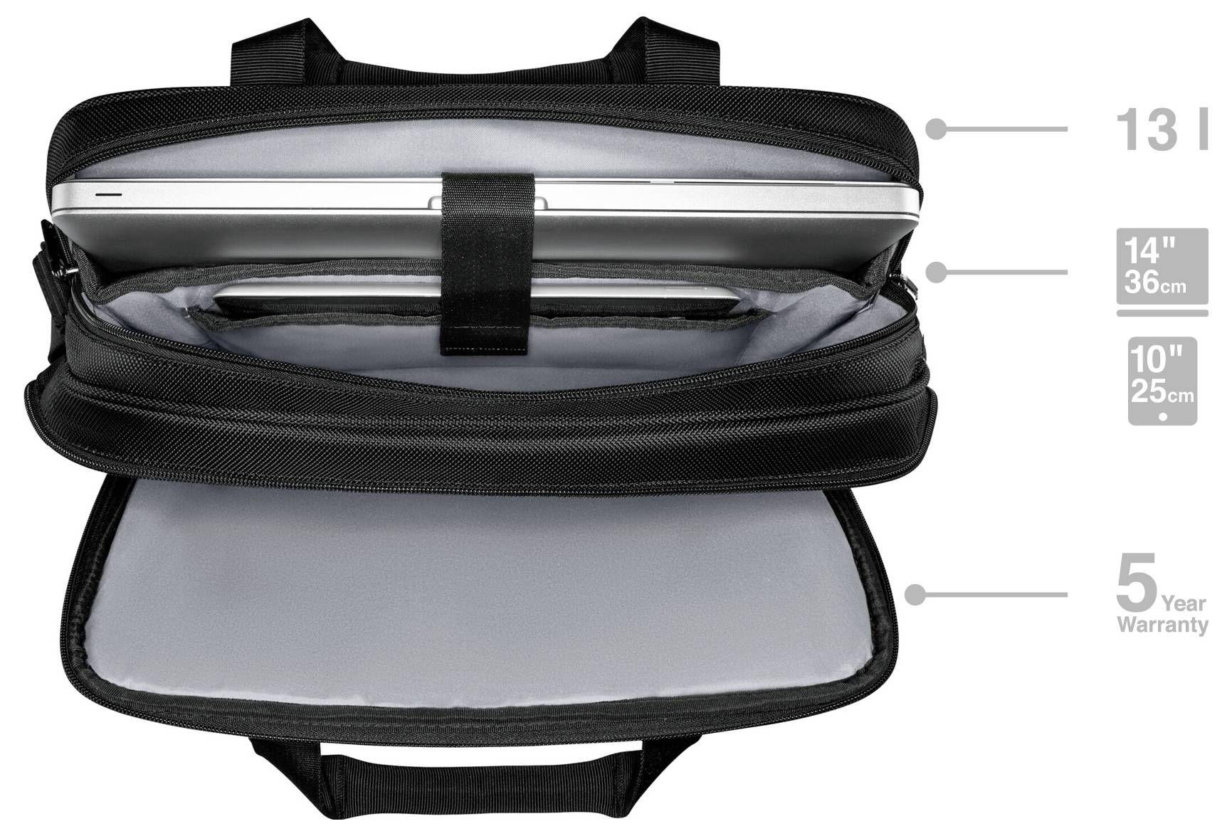 Zwarte laptoptas open om laptop te onthullen. Labels geven afmetingen aan: '13 L' inhoud, '14" 36 cm' hoogte, '10" 25 cm' breedte, met '5 Jaar Garantie'.