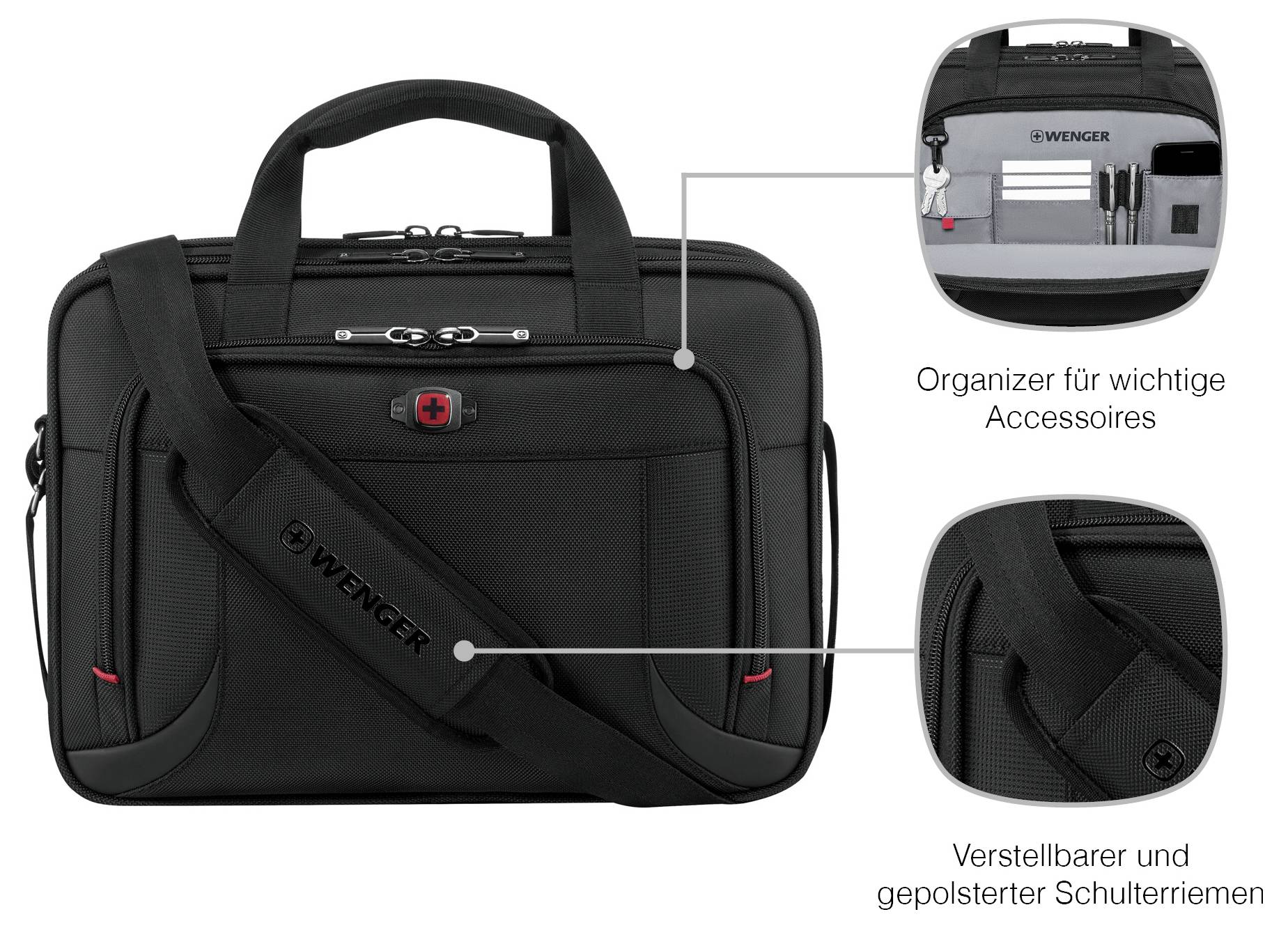 Een zwarte Wenger tas met een schouderriem en compartimenten. Een ingezette afbeelding toont georganiseerde accessoires. Tekst luidt: 'Organizer voor belangrijke accessoires'.