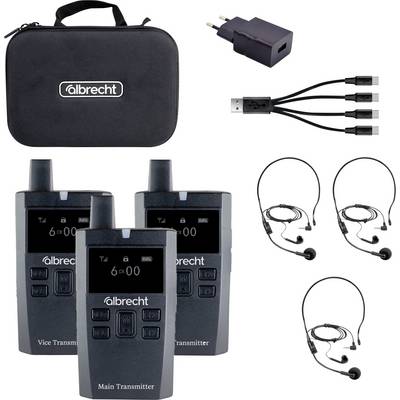 Drie zwarte draadloze communicatieapparaten met antennes, gelabeld als 'Hoofdzender' en 'Plaatsvervangende zender'. Inclusief headsets, USB-kabel, oplader en draagtas.