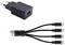 Een zwarte USB-wandlader en een multi-connector USB-kabel met vier micro-USB-uiteinden, gebruikt voor het gelijktijdig opladen van meerdere apparaten.