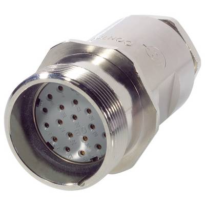 Een metalen ronde connector met meerdere kleine pinnen, gebruikt voor industriële of elektronische toepassingen.