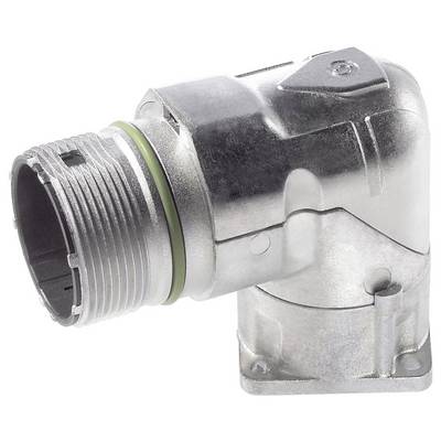 Een metalen elektrische kabelbuisconnector met een geschroefde, haakse constructie, geschikt voor het verbinden en bevestigen van elektrische bedrading.