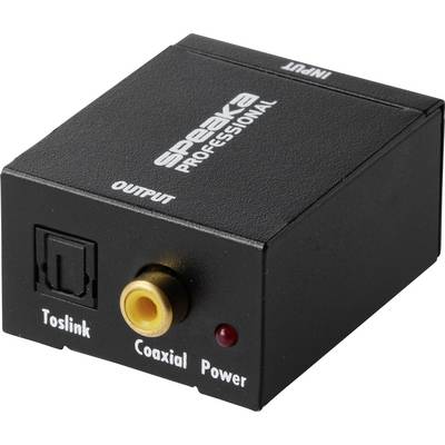 Zwart S/PDIF audioomzetter met het label 'Speaka Professional' met Toslink en coaxiale uitgangspoorten en LED-stroomindicator.