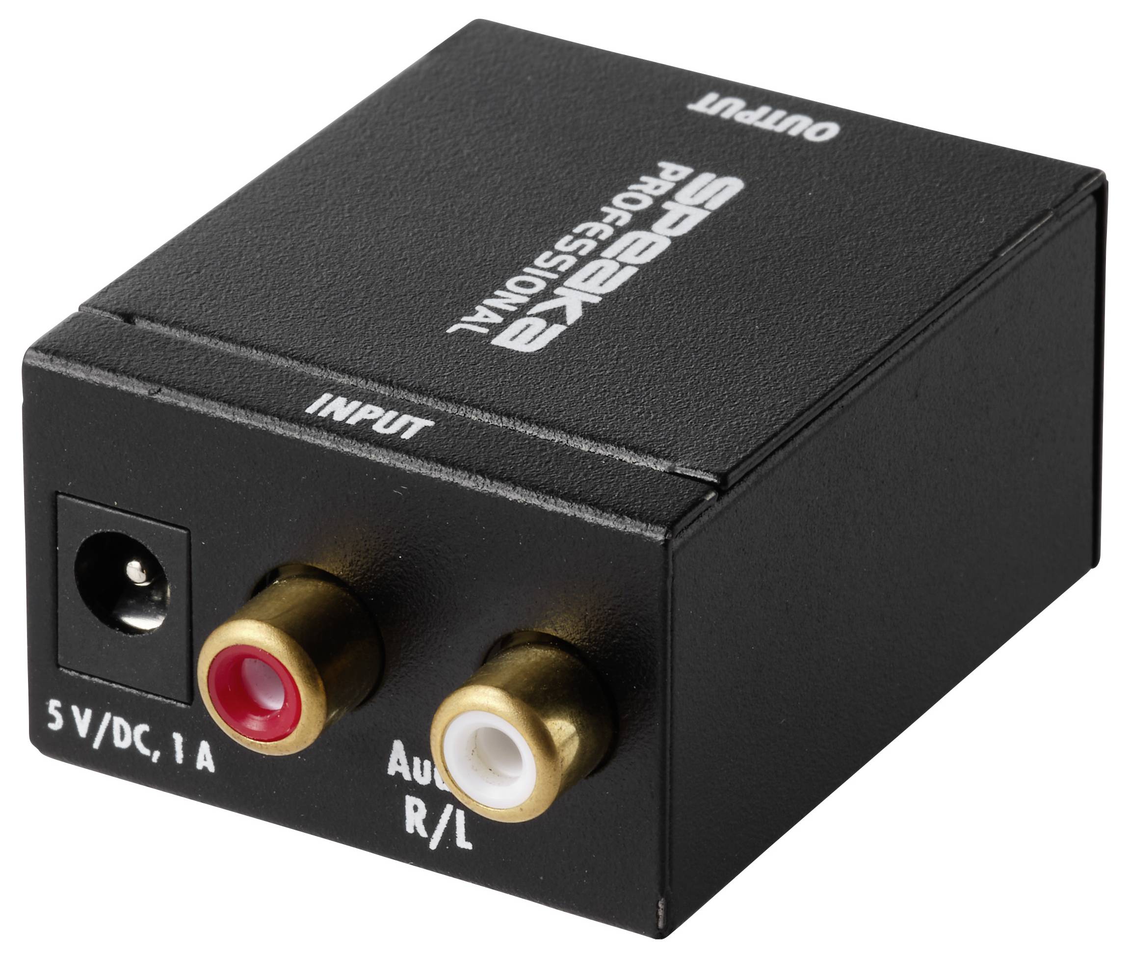 Zwarte audioscheider box met invoer stroomconnector en rode/witte RCA-audio ingang- en uitgangaansluiting aangeduid met 'INPUT' en 'OUTPUT'