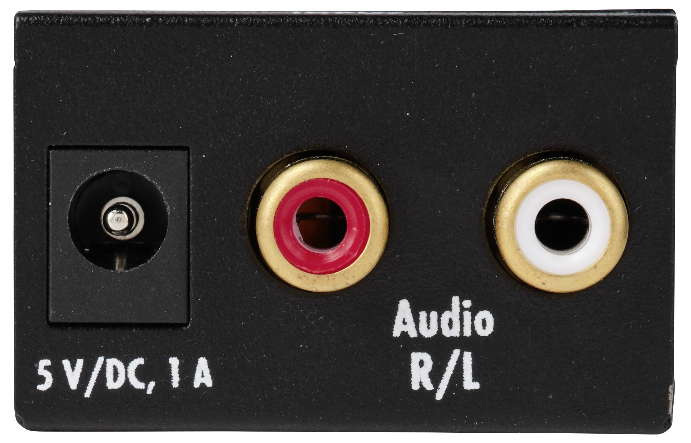 Audioinvoer-/uitvoerpoorten op het achterpaneel: een 5V gelijkstroomvoedingsstekker en rood/witte RCA-connectoren met het label 'Audio R/L'.