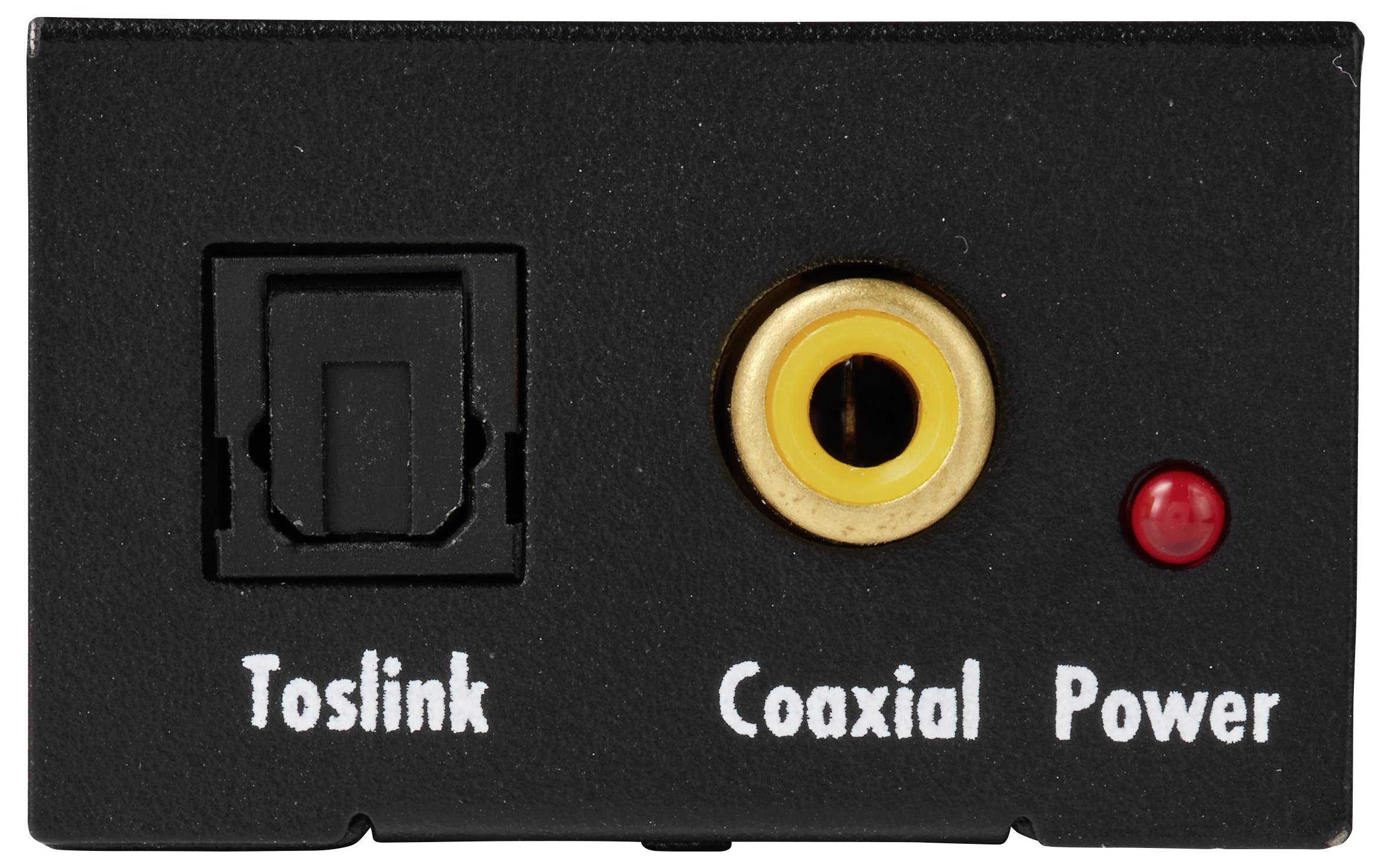 Zwart audiopaneel met Toslink optische poort, coaxiale ingang en rode stroomindicatorlamp.