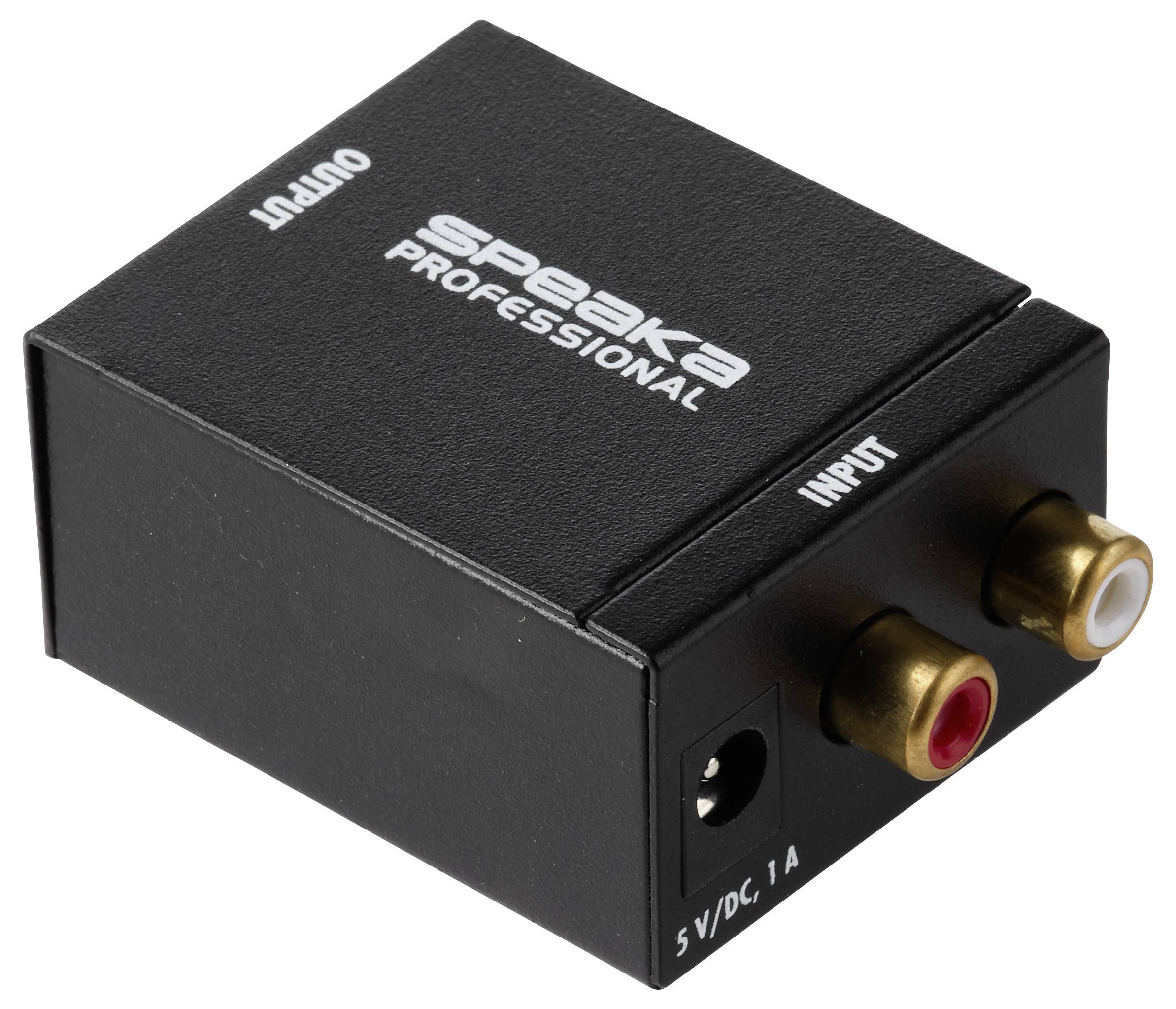 Black Speaka Professionele audio converterbox met ingangs-RCA-aansluitingen, uitgangspoort en 5V DC-stroomlabel.