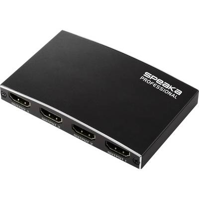 Een zwarte HDMI-splitter met vier uitvoerpoorten gelabeld van 'OUTPUT 1' tot 'OUTPUT 4', met het merk 'Speaka Professional' bovenop.