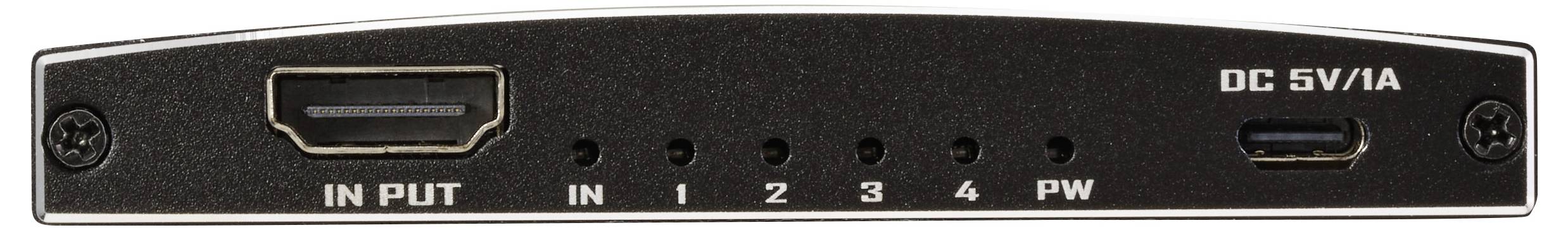 Een zwart elektronisch apparaat aan de voorkant met een HDMI-ingang en USB-poort gemarkeerd als 'DC 5V/1A'. Indicatoren gelabeld als 'IN', '1', '2', '3', '4', 'PW'.