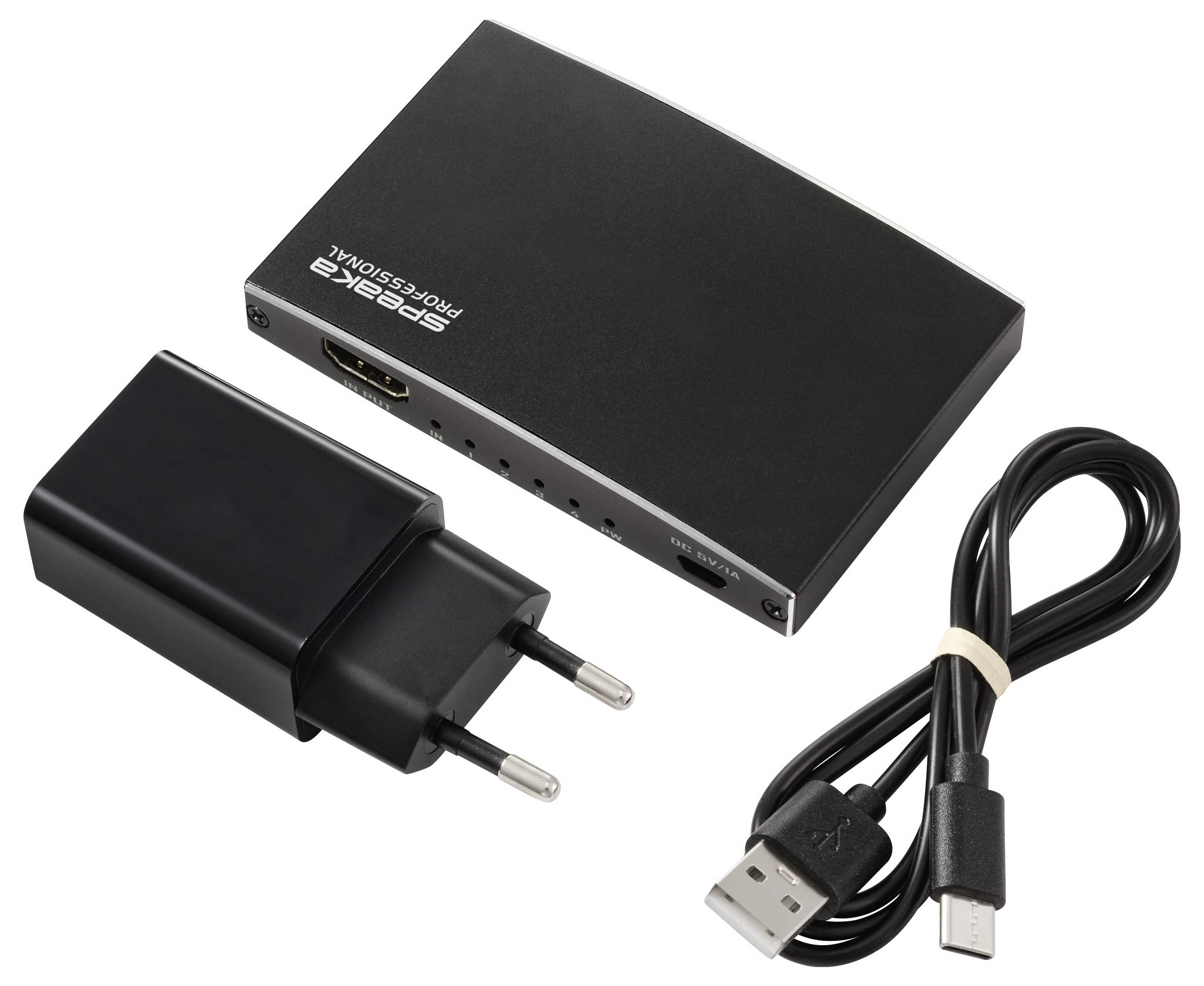'4K HDMI-verlenging' apparaat getoond met een Europese stekker voedingsadapter en een USB-kabel.