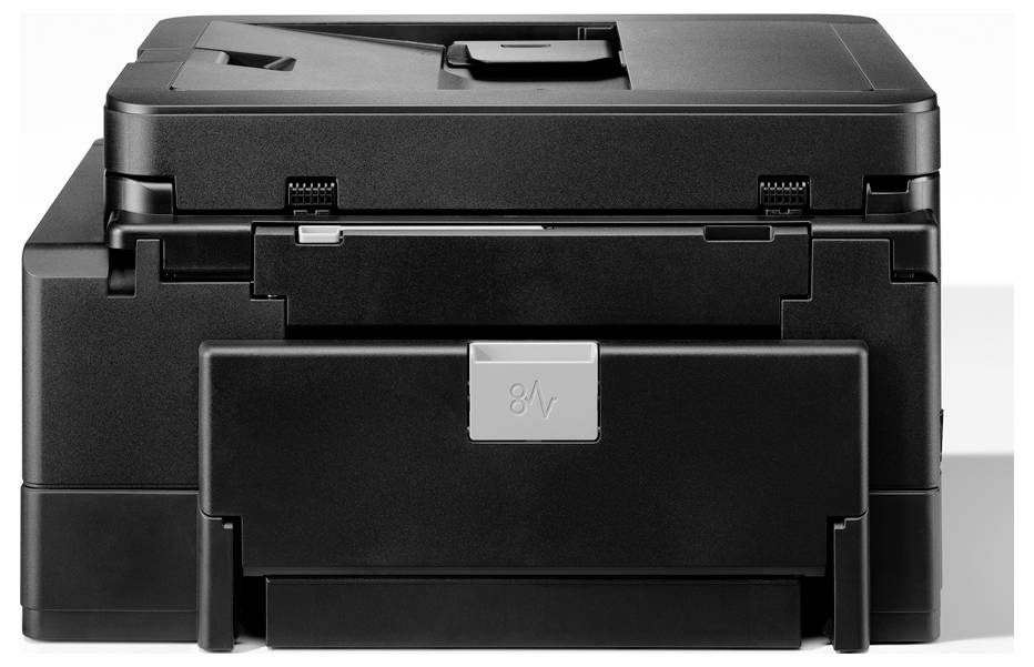 Een zwarte kantoorprinter met een papierlade-opening aan de voorkant, die een strak en compact ontwerp vertoont dat geschikt is voor professionele omgevingen.
