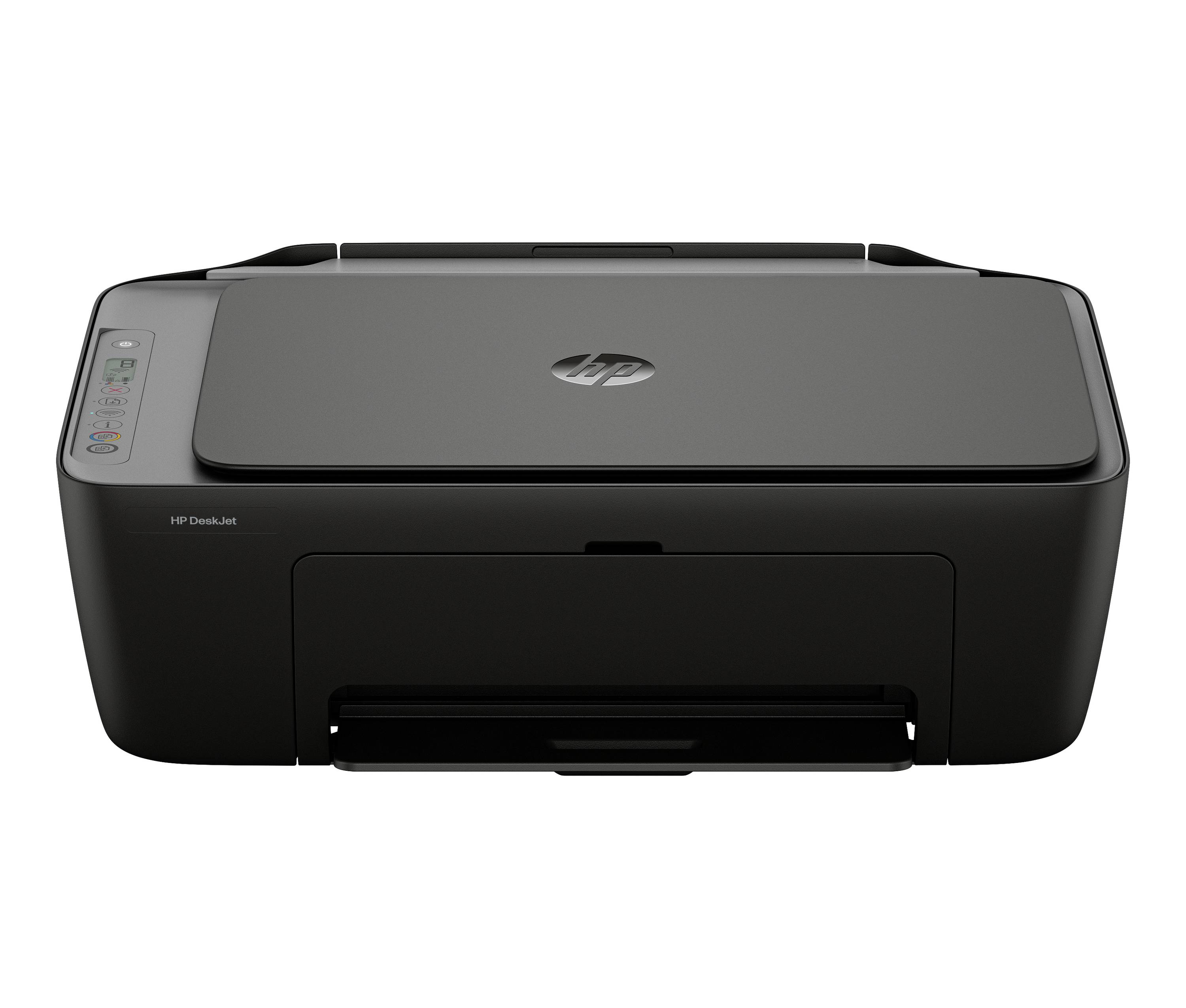 Zwarte HP DeskJet printer met voorpapierlade en besturingspaneel bovenaan, getoond op een witte achtergrond.