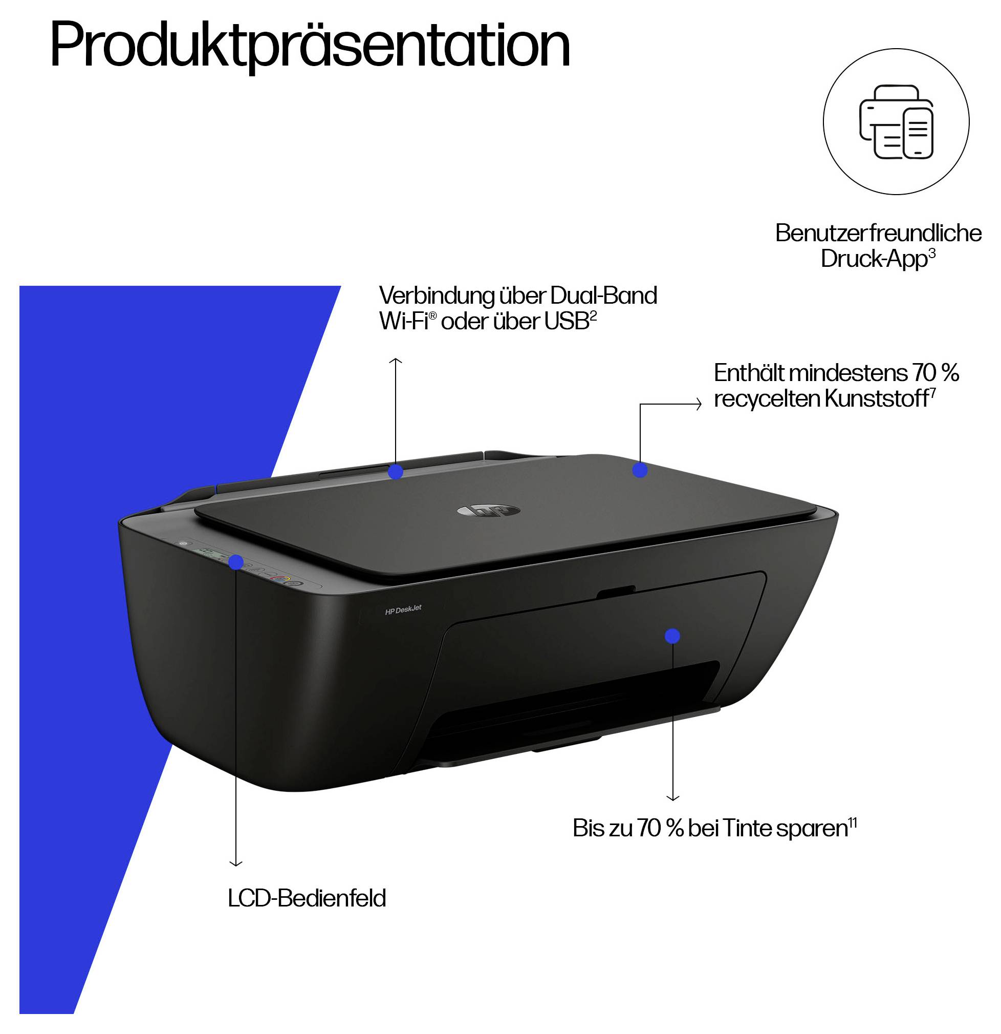 Productpresentatie van een zwarte multifunctionele printer met verwijzingen naar Dual-Band-Wi-Fi of USB, LCD-bedieningspaneel, afdruk-app en minimaal 70% gerecycled kunststof; tot 70% inkt besparen.