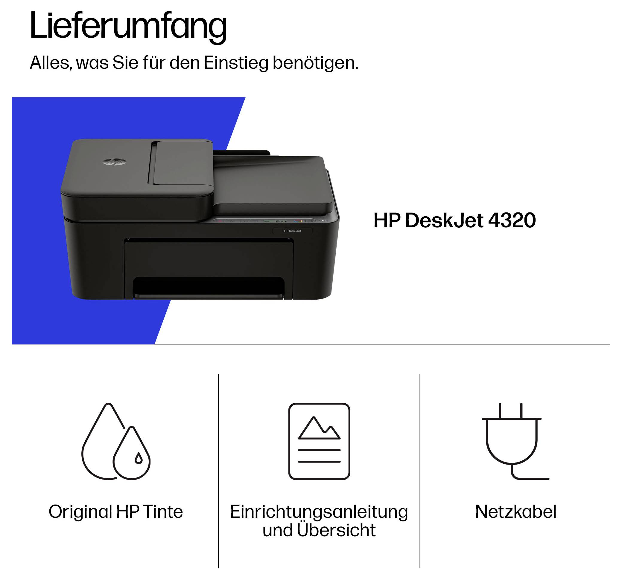 HP DeskJet 4320 printerpakket inhoud: printer, originele HP-inkt, installatiehandleiding en stroomkabel.