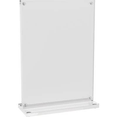 Doorzichtige acryl displaystandaard met een verticale sleuf voor het vasthouden van borden of menu's. Eenvoudig en functioneel ontwerp, geschikt voor gebruik op tafel.