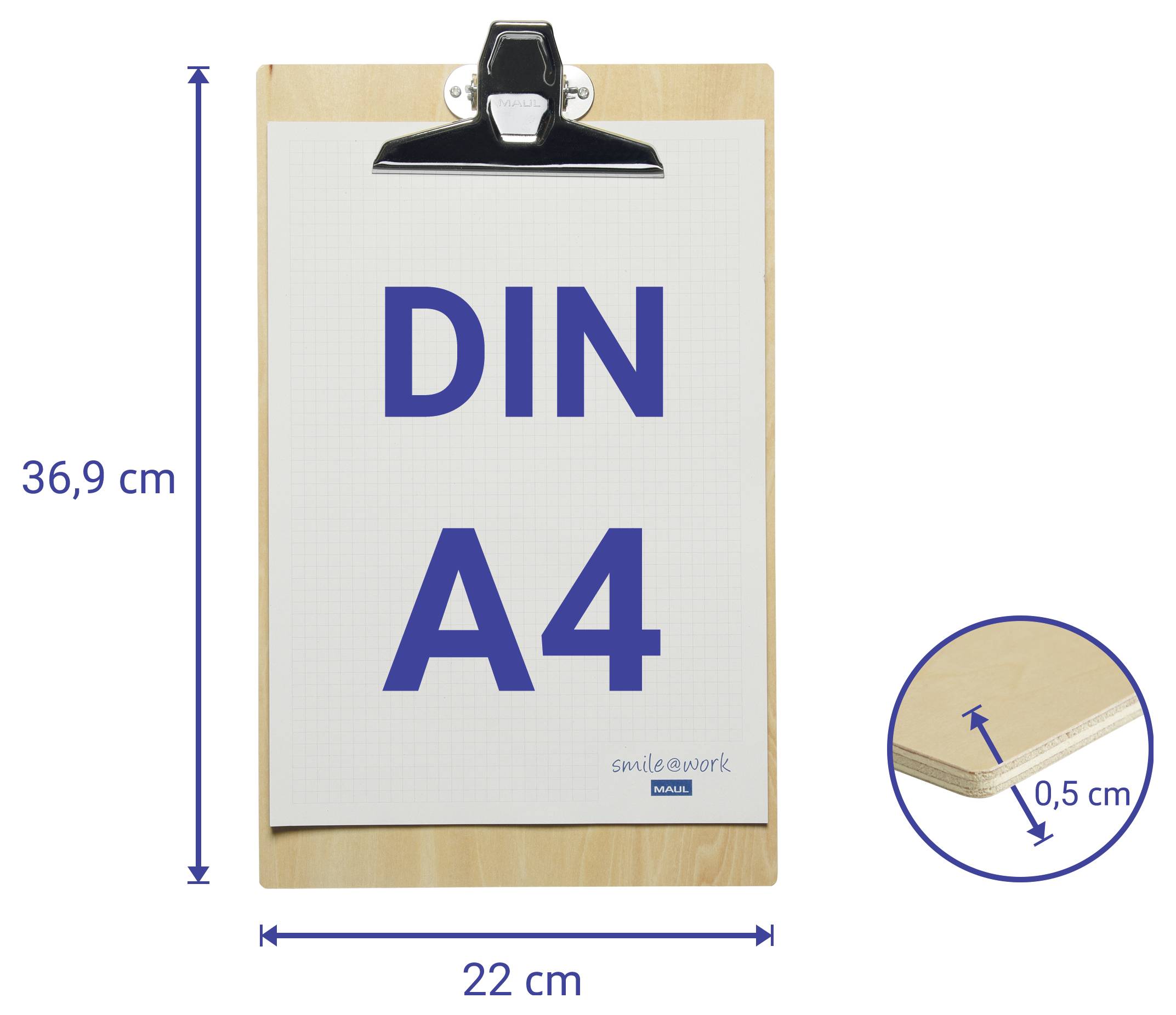 Een klembord met een A4-papierformaat met afmetingen van 22 cm bij 36,9 cm en een dikte van 0,5 cm.