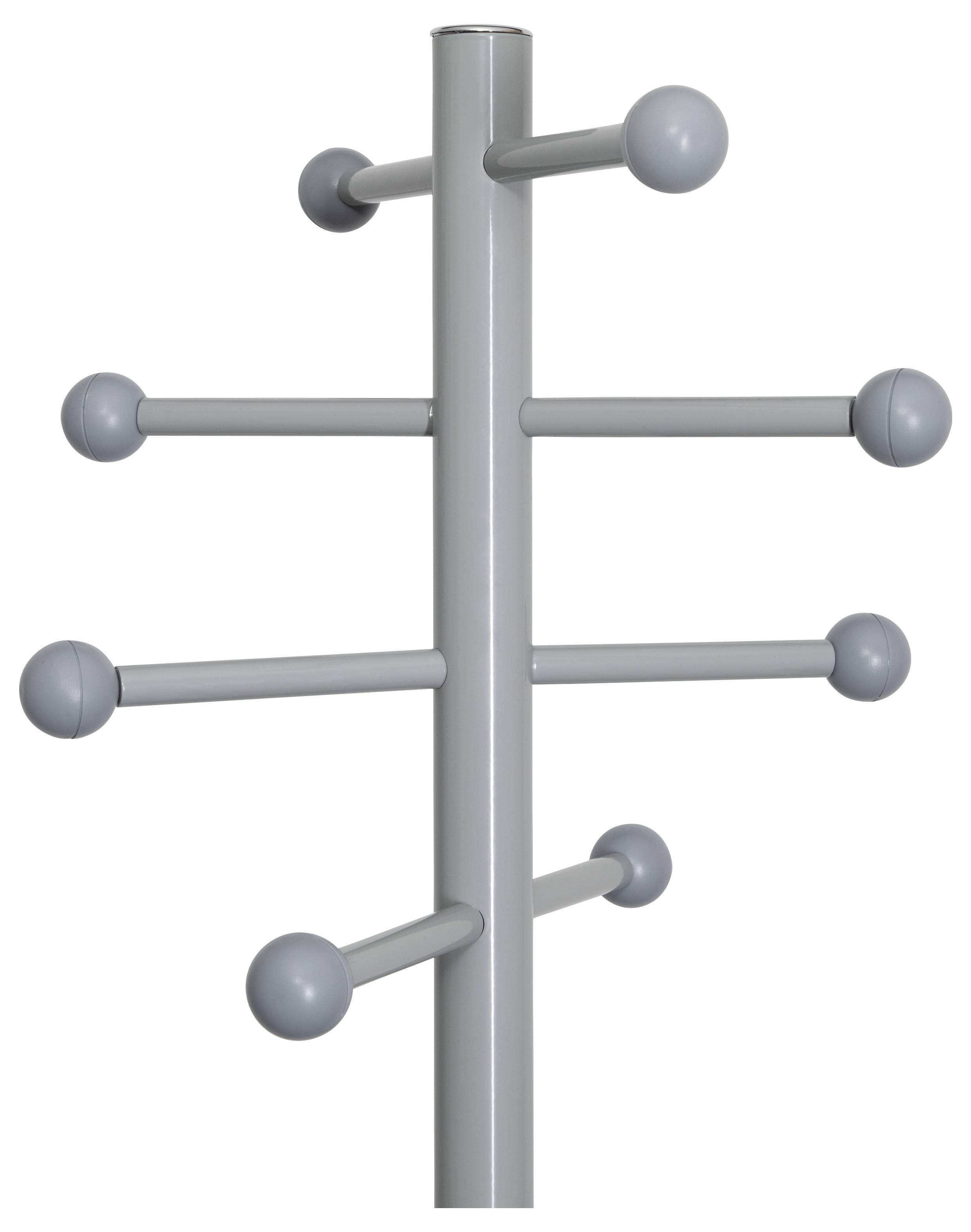 Grijze metalen kapstok met vijf horizontale armen, elk met een rond knopje, geplaatst tegen een effen witte achtergrond.