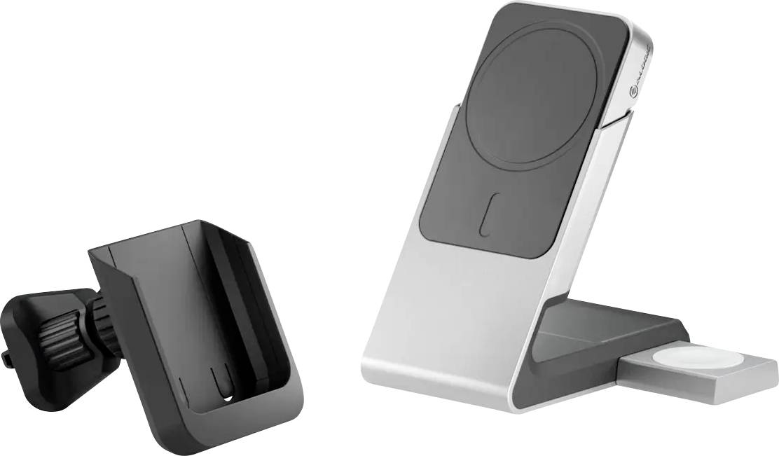 Een zilverkleurige en zwarte telefoonstandaard met een draadloze oplaadpad en een extra houder. Het ontwerp oogt modern en minimalistisch.