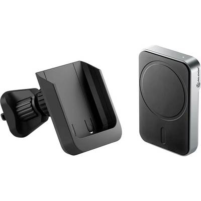 Een zwarte autotelefoonhouder met een verstelbare houder en een bijbehorende magneetplaat, ontworpen voor montage op het dashboard, weergegeven in twee onderdelen.