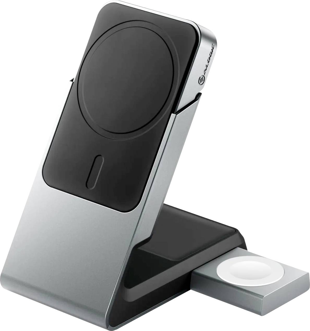 Een strakke, schuin geplaatste draadloze oplaadstandaard met een MagSafe-compatibel pad en een kleine, uittrekbare voet voor het opladen van een smartwatch-apparaat.