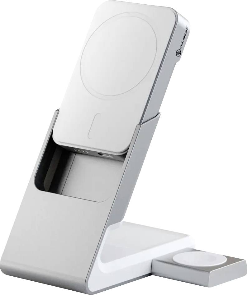 Een moderne, witte en grijze oplaadstandaard ontworpen voor smartphones en smartwatches, met een slanke, verticale constructie voor efficiënt opladen.