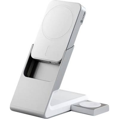 Een moderne, witte en grijze oplaadstandaard ontworpen voor smartphones en smartwatches, met een slanke, verticale constructie voor efficiënt opladen.