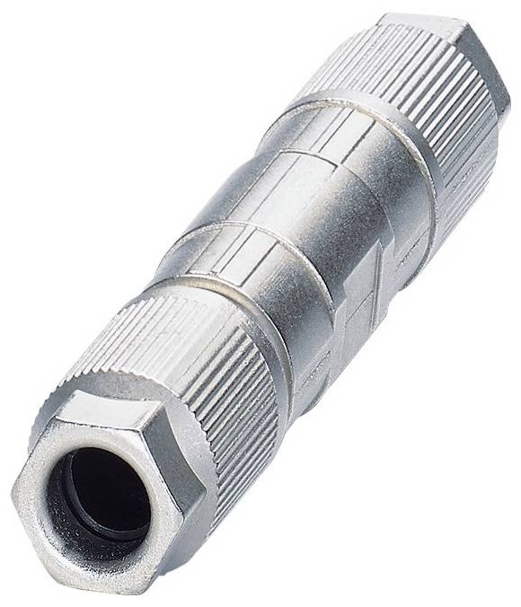 Een metalen inline kabelverbinder met schroeduiteinden, ontworpen voor het stevig verbinden van kabels.