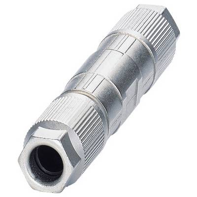 Een metalen inline kabelverbinder met schroeduiteinden, ontworpen voor het stevig verbinden van kabels.