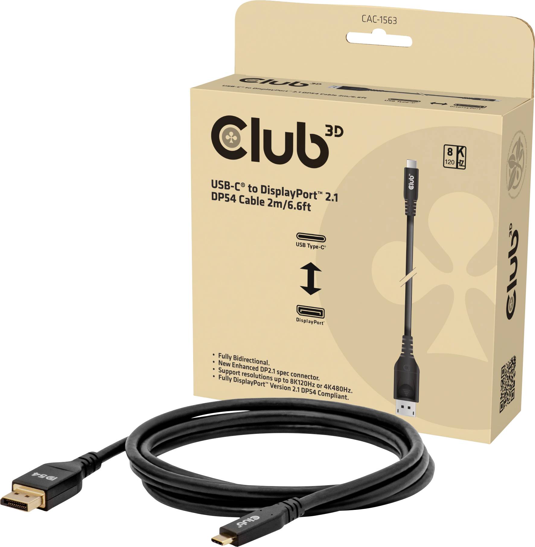 Club 3D USB-C naar DisplayPort 2.1 kabel, 2m/6.6ft. Ondersteunt 8K resolutie bij 60Hz. Doos toont kabel en specificaties, inclusief bidirectioneel gebruik.