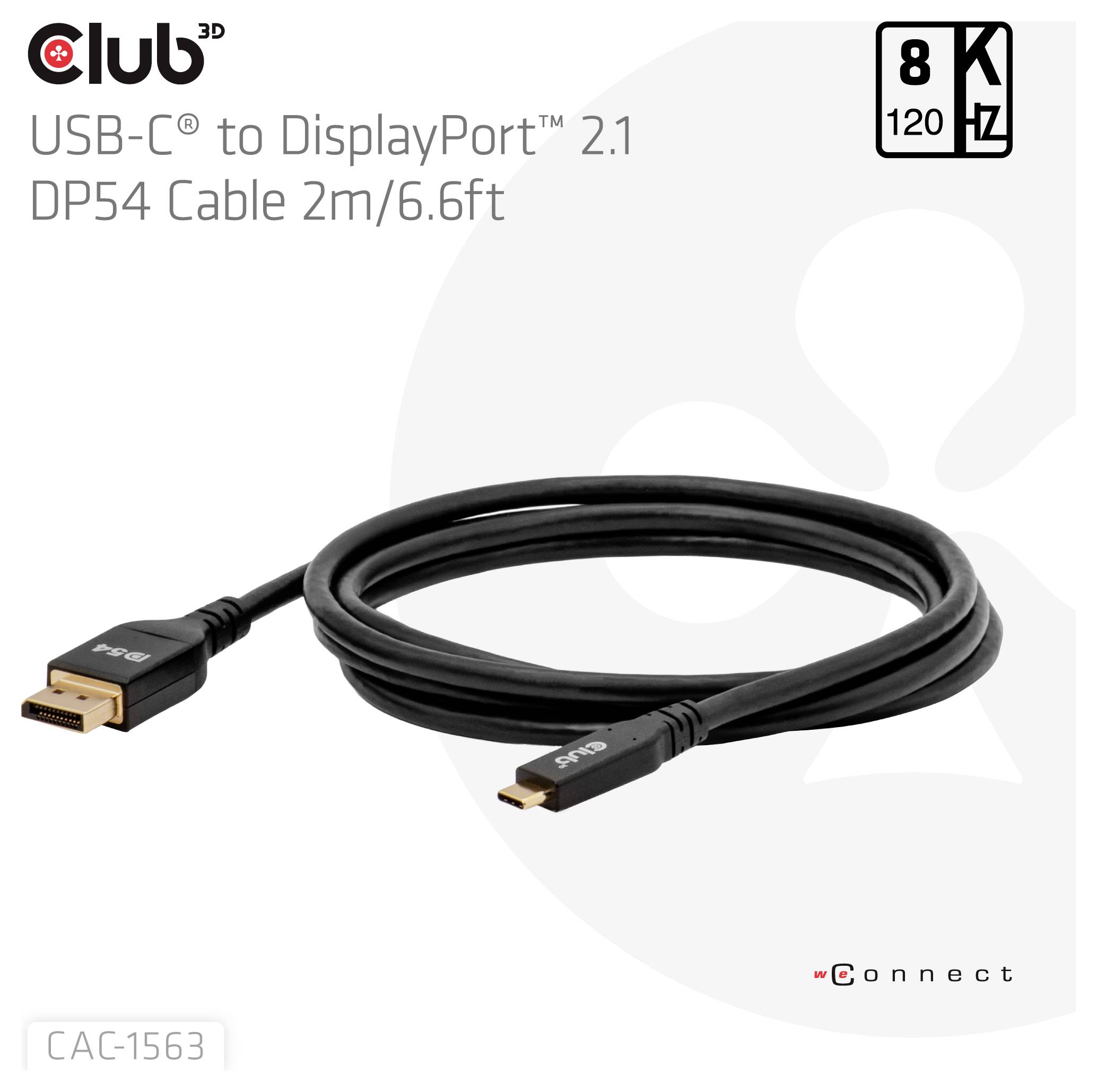 'Club 3D USB-C naar DisplayPort 2.1 DP54 Kabel, 2m/6.6ft, ondersteunt 8K 120Hz.'