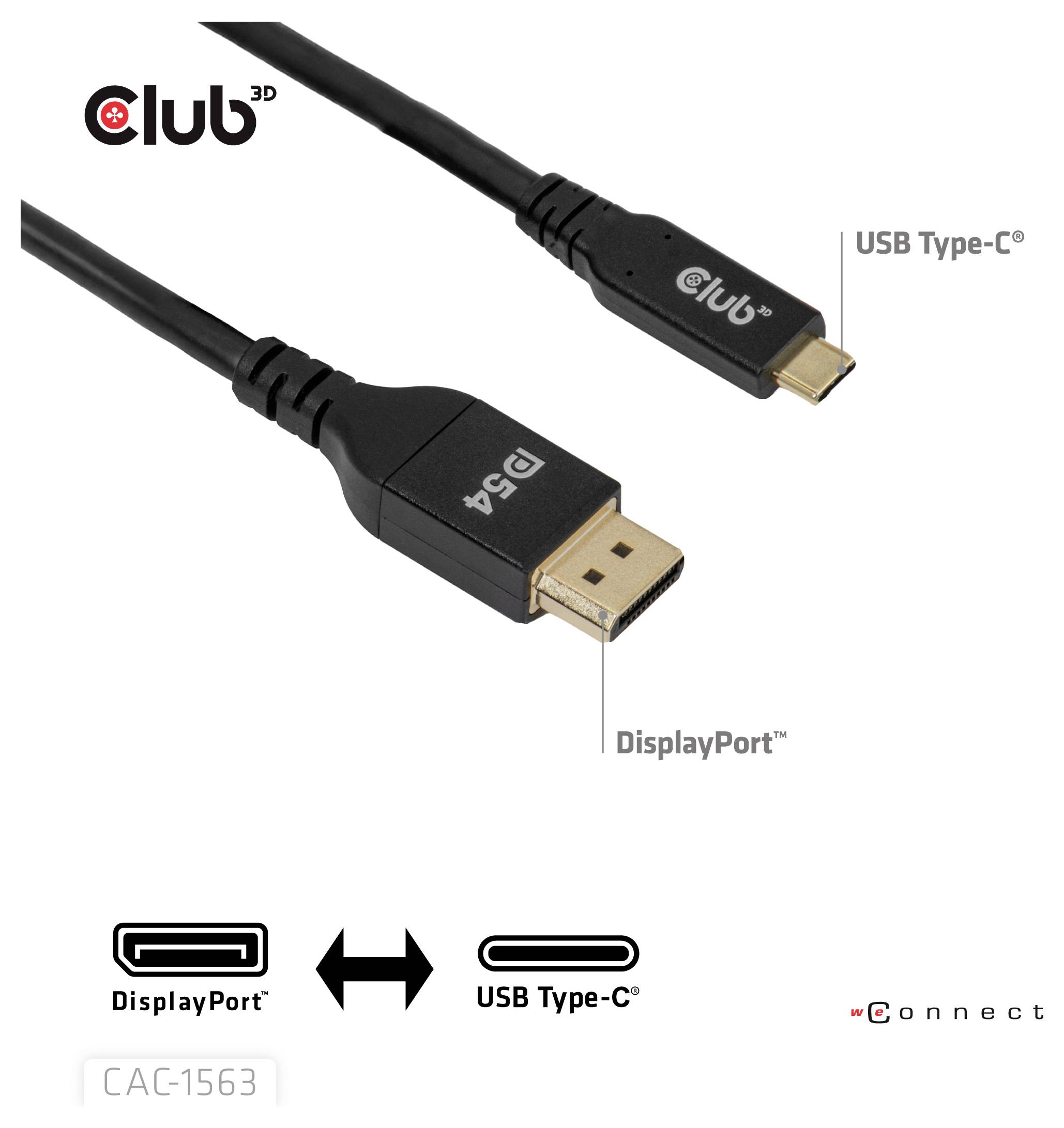 'DisplayPort naar USB Type-C kabel' toont een kabel met één DisplayPort- en één USB Type-C-connector, dienovereenkomstig gelabeld. Model CAC-1563.