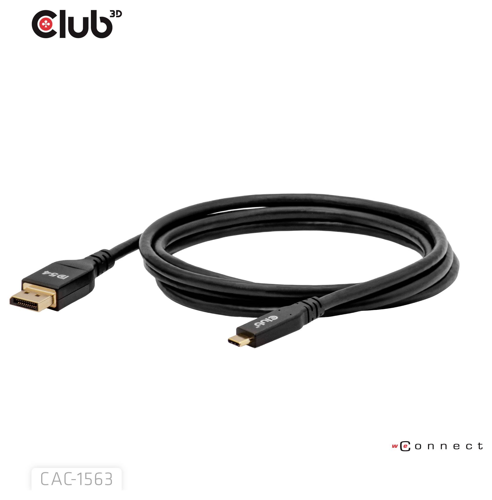 'Club 3D' DisplayPort-kabel CAC-1563 getoond, met een ontwerp van mannelijke naar mannelijke aansluiting, geschikt voor videodisplay-verbinding.
