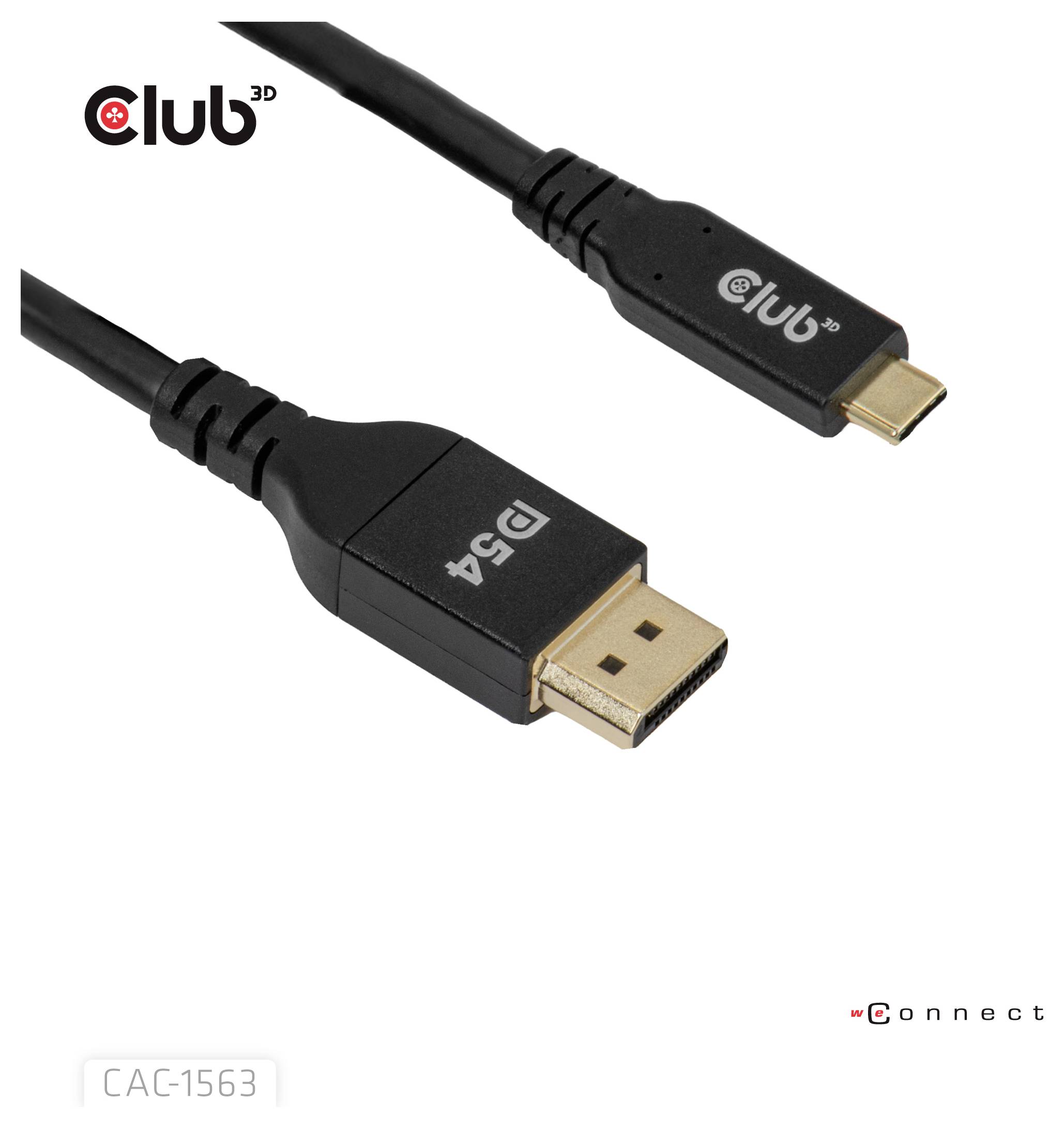 'Club 3D' DisplayPort naar USB-C kabel, zwart, gelabeld 'CAC-1563', gebruikt voor het verbinden van apparaten met verschillende poorten.
