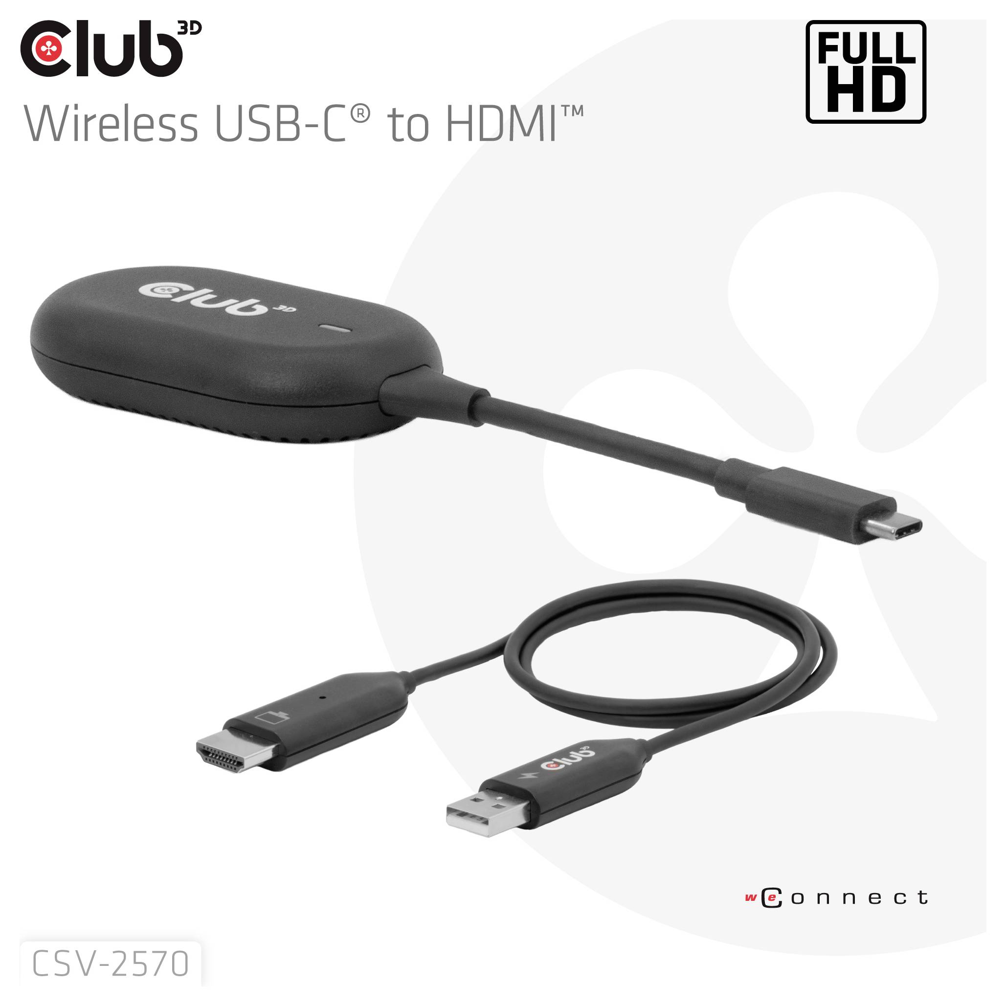 'Draadloze USB-C naar HDMI' adapter van Club 3D, getoond met een HDMI-kabel. Modelnummer CSV-2570.
