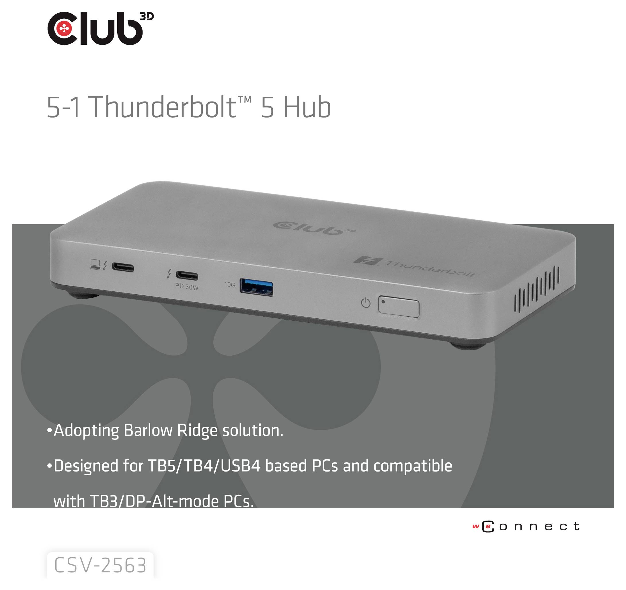 Een zilveren hub met meerdere poorten, waaronder USB en Thunderbolt, die compatibiliteit demonstreert met TB5/TB4/USB4-gebaseerde pc's.