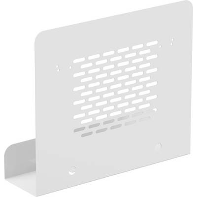 Een witte, metalen L-vormige boekensteun met een geperforeerd rechthoekig verticaal paneel, ontworpen voor het ondersteunen van boeken op een vlak oppervlak.