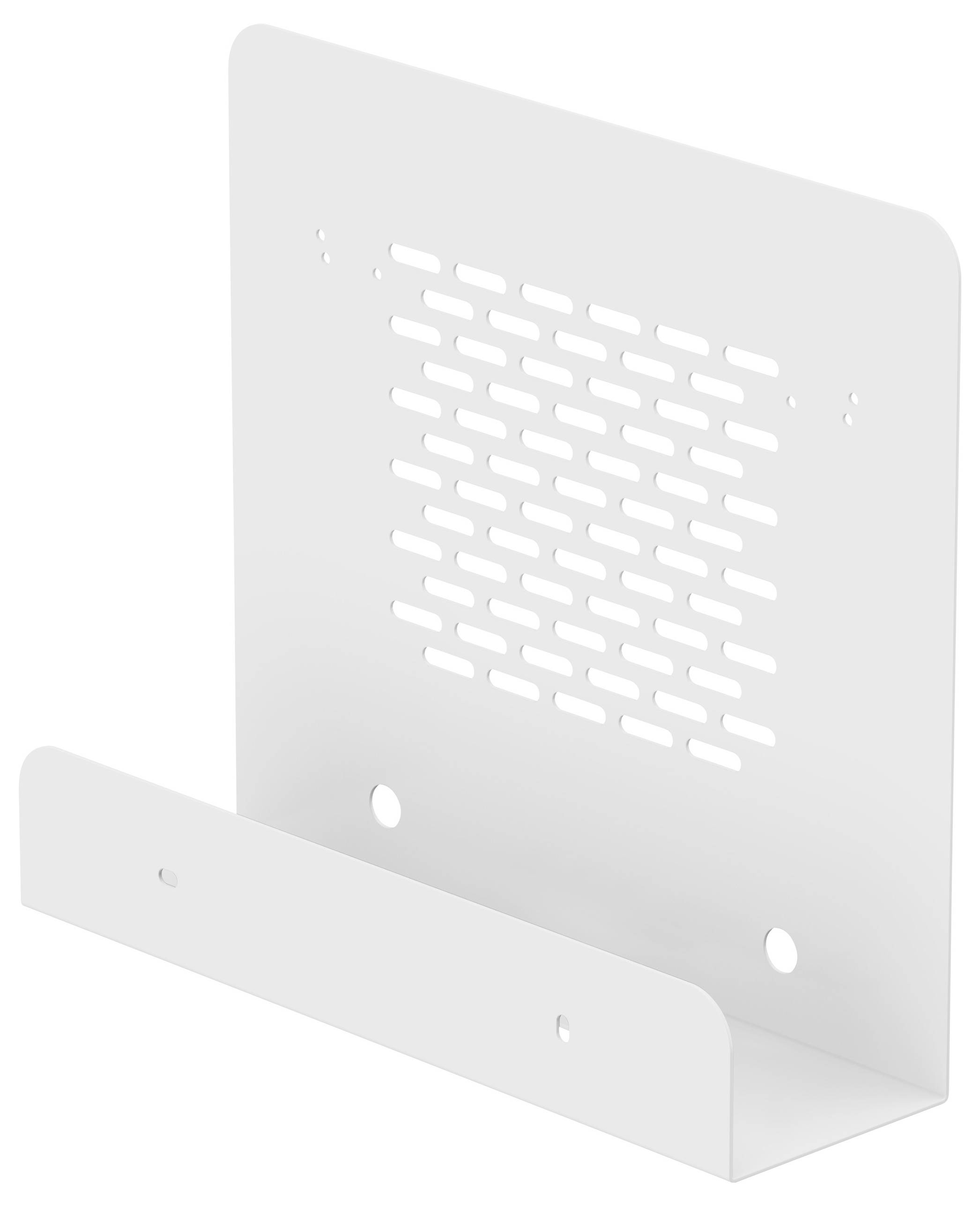 Een witte, aan de muur bevestigde metalen organizer met een geventileerd achterpaneel en twee schroefgaten.