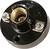 Een ronde, zwarte lampfitting met een messing interieur en twee schroeven voor montage.
