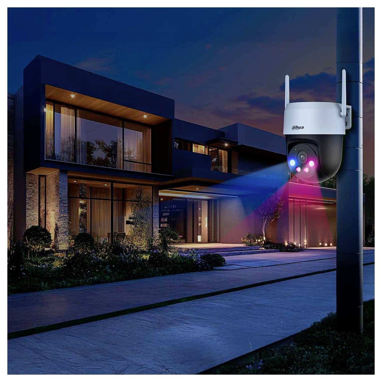 Een moderne beveiligingscamera met nachtzicht verlicht de buitenkant van een huis in een residentiële woonwijk tijdens schemering, waarbij de bewakingstechnologie wordt gedemonstreerd.